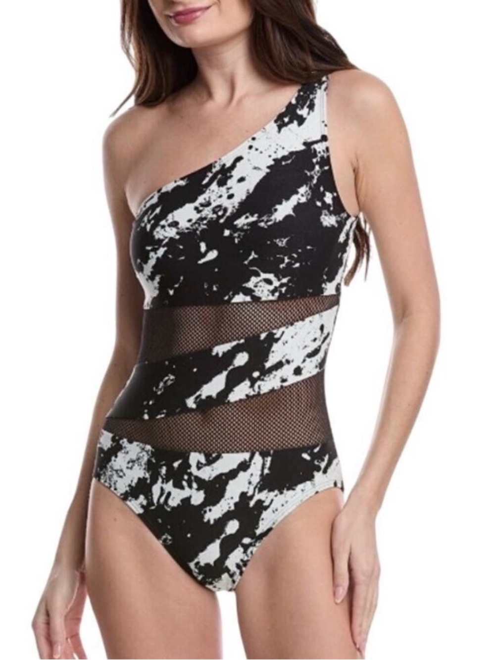 New Carmen Marc Valvo woman mesh 1 shoulder one piece swimsuit size 12